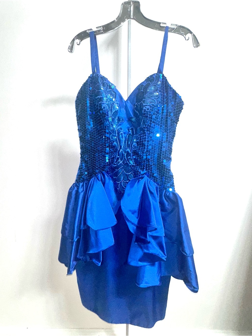 Vintage 1980s Royal Blue Sequin Ruffle Cocktail Dress